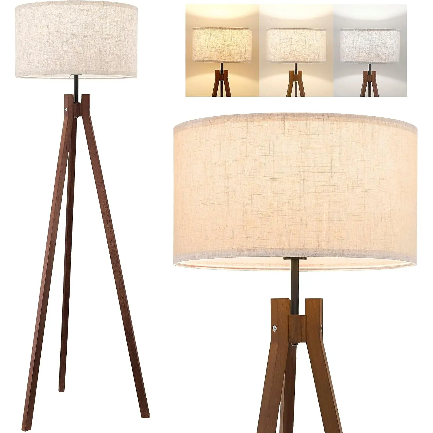 Brown Solid Wood Triangular Tripod Base Floor Lamp - Adjustable Mid-Century Standing Lamp with 9W 3-Color Temperatures LED Bulb, Warm White Linen Shade, Ideal for Work & Households in Bedroom, Living Room (Bulb Included)