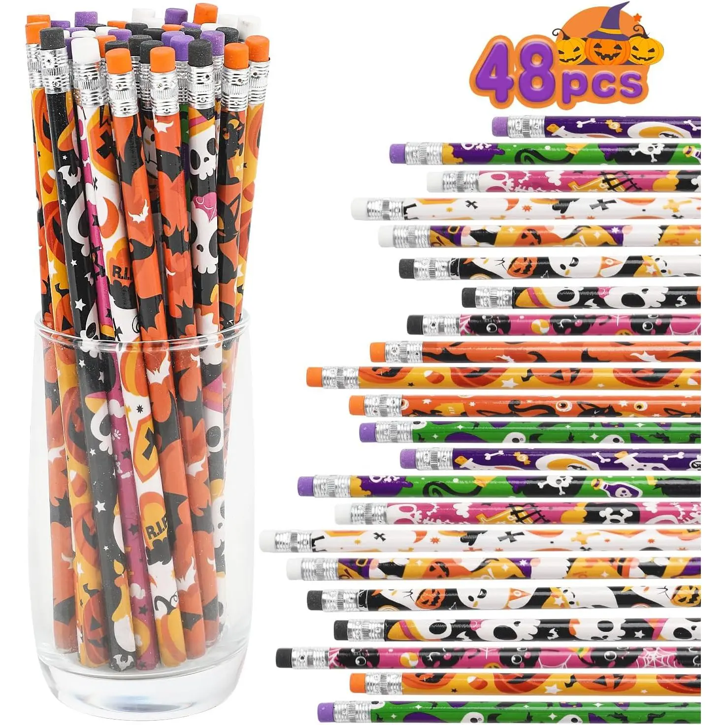 48 count Halloween Pencils for ,  Bulk Halloween Pencils with Erasers in 12 Design No Candy  Party Favors Classroom Rewards