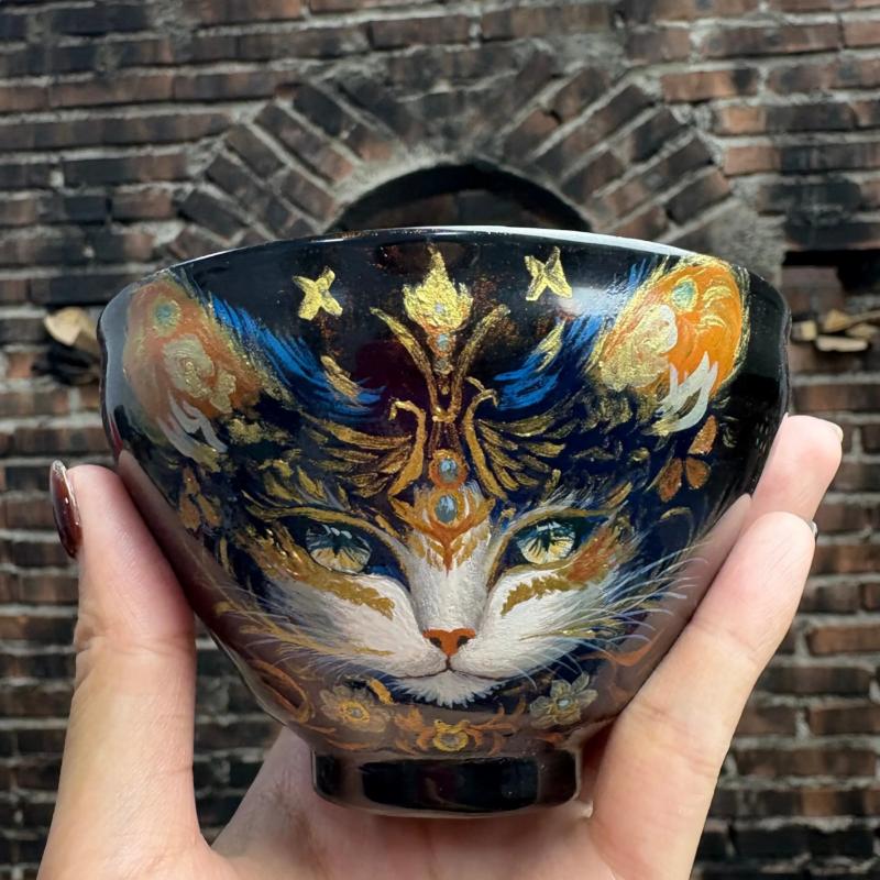 Galaxy Cat Jianzhan Teacup | Hand - Painted Kiln - Change Ceramic Art.