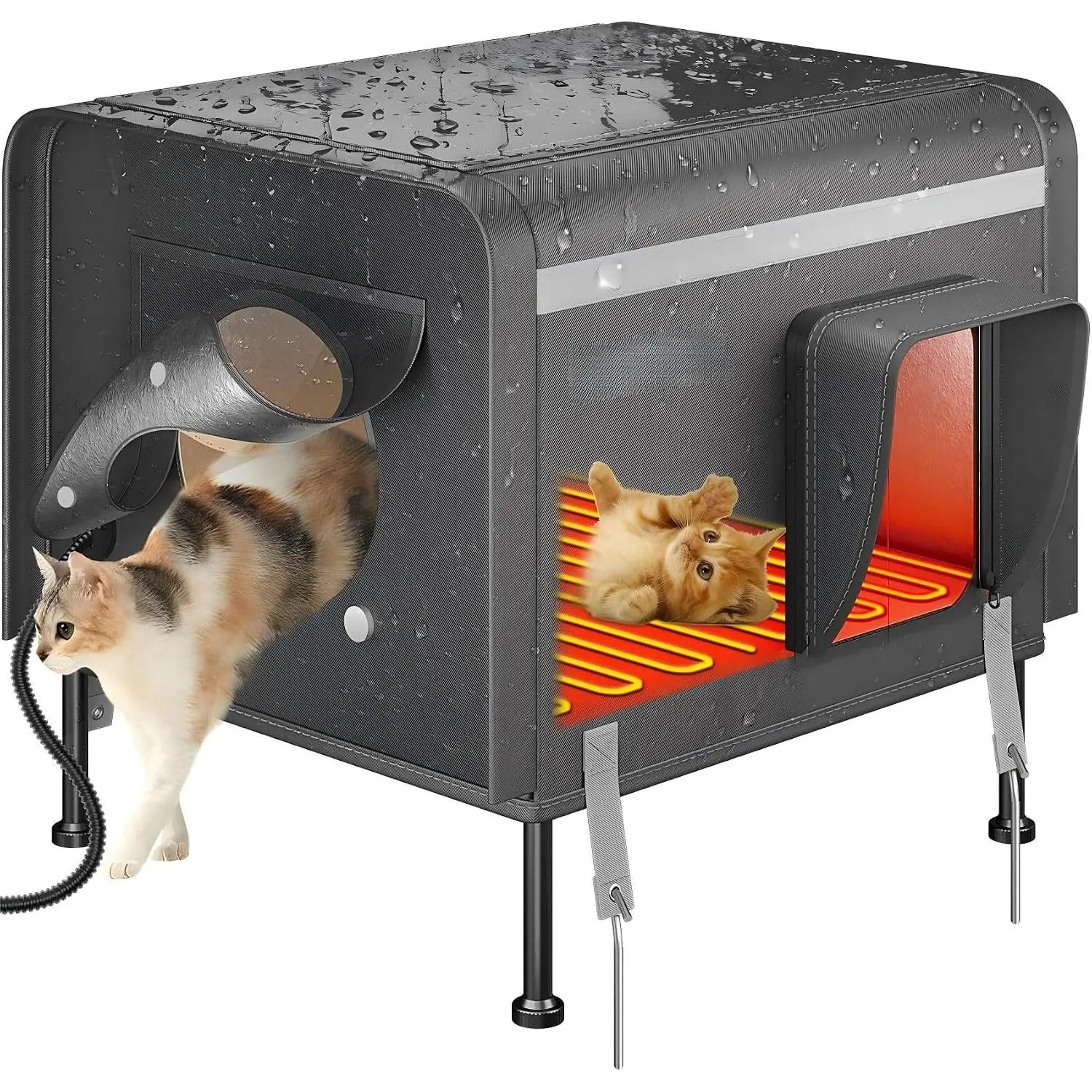 Heated Outdoor  House for Outside Cats, 19'' Large Insulated Weatherproof  Shelter with Heated Pad, Elevated  & Escape Door, Warm Kitty House for Feral or Stray Cats in Winter