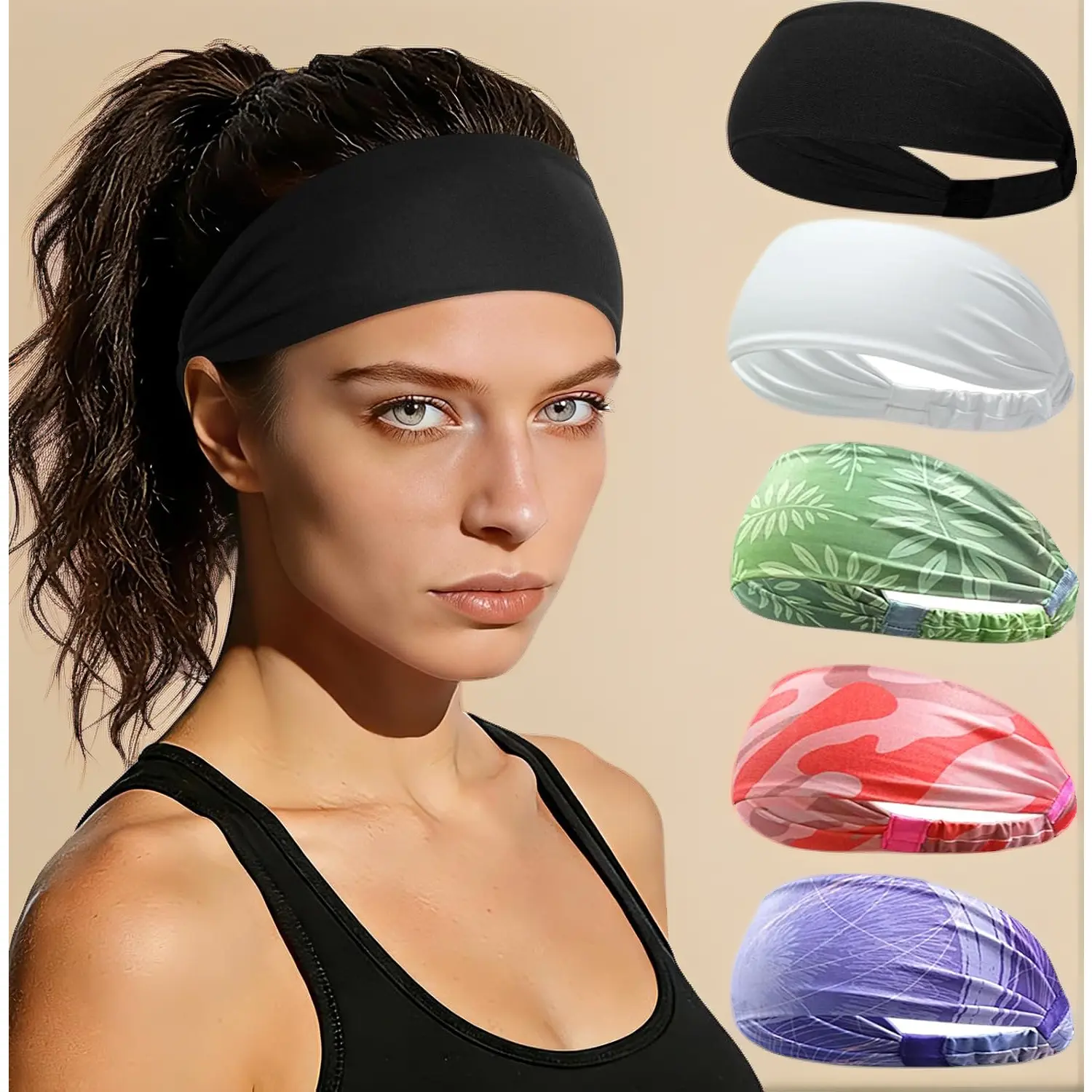 Unisex Non-Slip Wide Running Headwear 5-Pack, Breathable Moisture-Wicking Sweatbands (5 Pairs Black; Black+Dark Gray+Navy Blue+Klein Blue+Army; Camo+Graffiti Gray+Sketch Green+Sketch Blue), 1 Size Fit