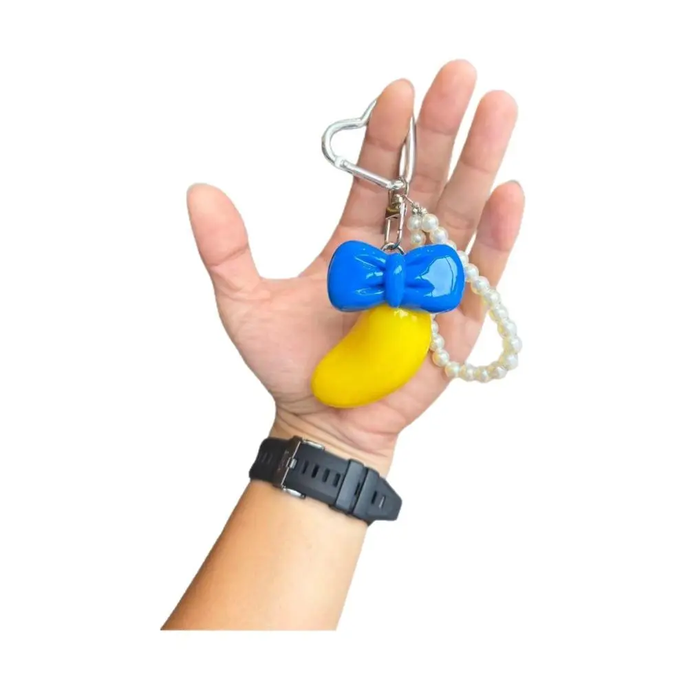 Glossy 3D Banana Charm Keychain - Mickey Family Themed, Cobalt Blue Padded Bow, Imitation Pearl Wrist Chain, Contrast Color Fruit Bag Charm, Metal Heart Carabiner, Split Ring, Lightweight Silent Stress Relief Fidget for Backpacks, Handbags, Shopping, Frie