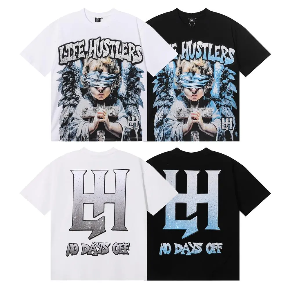 Life Hustlers Praying Angel Baby Rhinestone Sports T-Shirt, High-Quality Double Cotton Unisex Short-Sleeve Casual Streetwear, Summer Festival Trend, Men's/Women's Sport Top Slim Shape Moisture Wicking Monaco Club Flag Print Hoodie