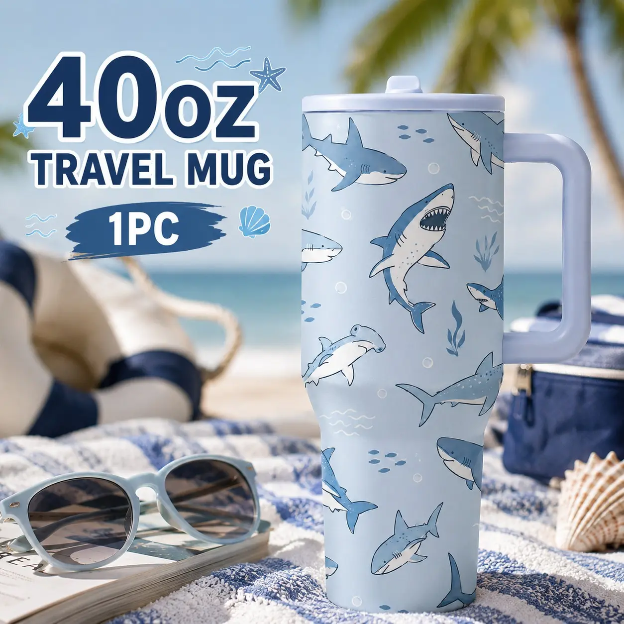 1 Pc 40oz Shark Print Insulated Tumbler Drinkware with Handle, Double Wall Stainless Steel Travel Mug Flasks, Leak-Proof Lid, Keeps Drinks Cold 24H & Hot 12H, Ocean Sea Life Coffee Cup for Beach, Travel, Office, Camping, Gift for Men, Women & Shark Lovers