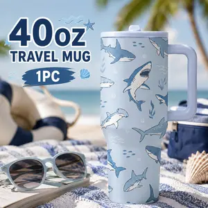 1 Pc 40oz Shark Print Insulated Tumbler with Handle, Double Wall Stainless Steel Travel Mug, Leak-Proof Lid, Keeps Drinks Cold 24H & Hot 12H, Ocean Sea Life Coffee Cup for Beach, Travel, Office, Camping, Gift for Men, Women & Shark Lovers