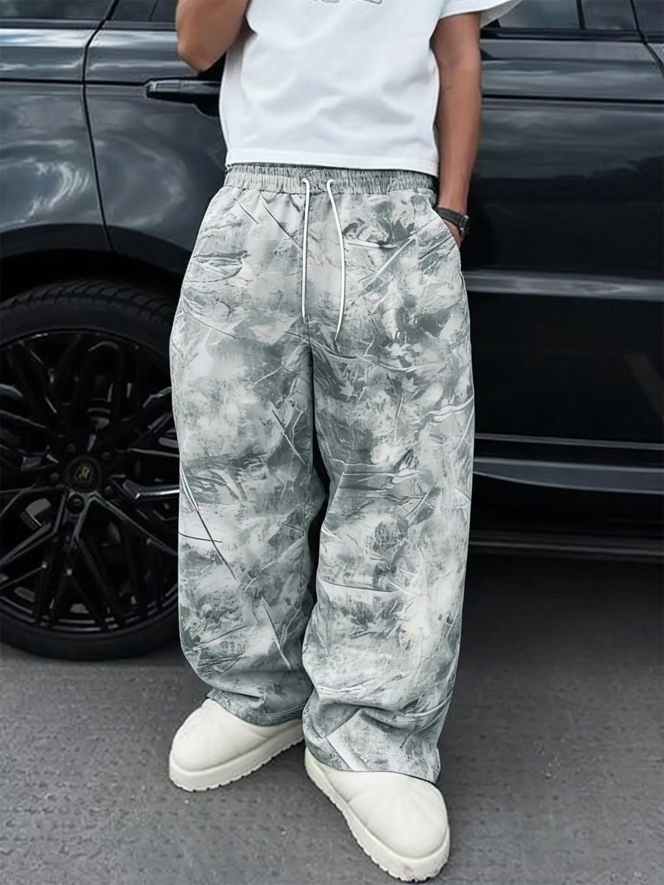 American High Street Ice Crack Camo Drawstring Wide Leg Pants, Casual Slant Pocket, Vintage Branch Texture, Casual, Loose Fit, Breathable, Casual Comfy Pants, Summer Fashion