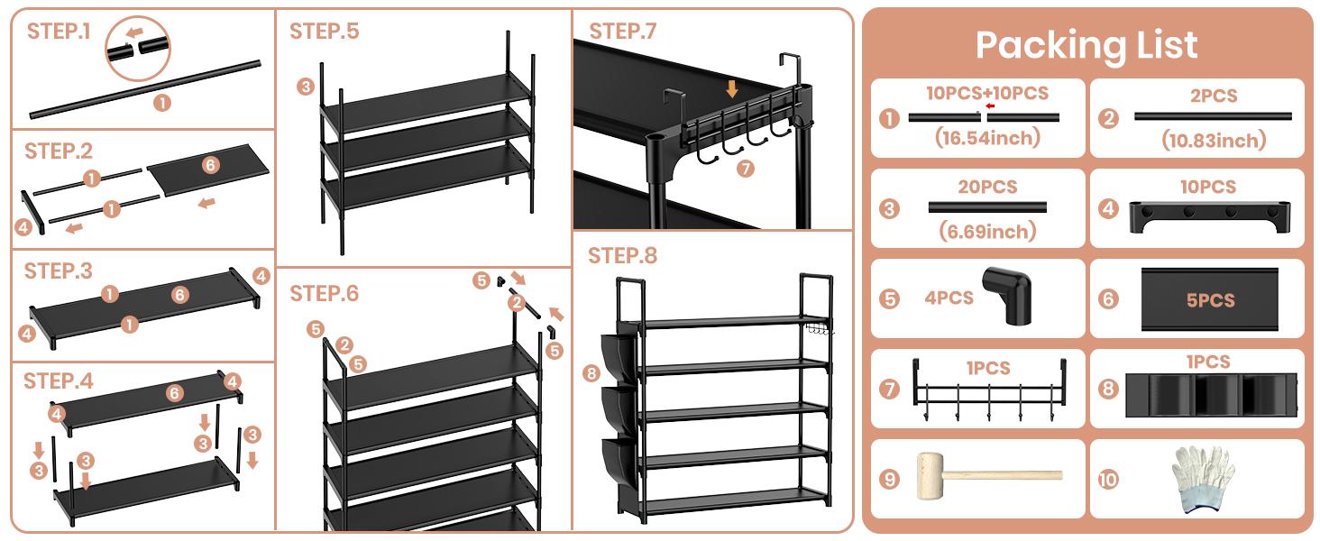 5 Tier Shoe Rack with Hook and Side Pocket,Shoe Organizer Space Saver Storage for 20-25 Pair Shoe Storage Shelf Sturdy Free Standing Long Shoe Rack Organizer for Closet,Entryway,Small Spaces