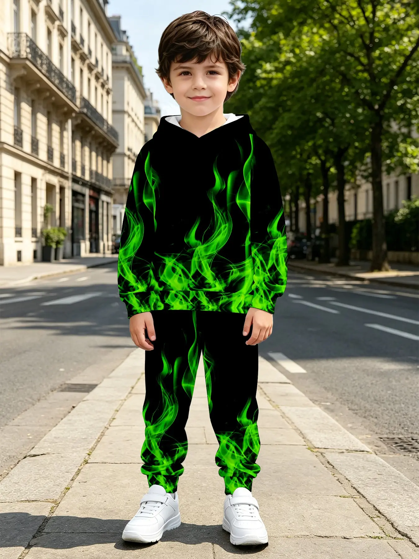 Flame All over Print Hoodie Set, Casual Long Sleeve Sweatpants, Fall & Winter Loose-Fit for Kids