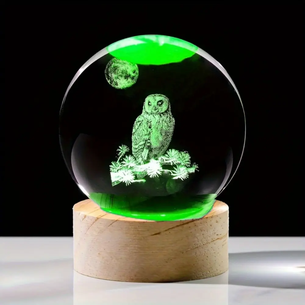 1pc Modern 3D Round Shape 2.3-in Glass Owl Ball with Wood Base - USB-Powered Ambient Glow Freestanding Decor, Adjustable Lighting Toggle Control, Polished Finish, Animal Theme Gift for Mother's Day (Coffee/Dining Table Use)
