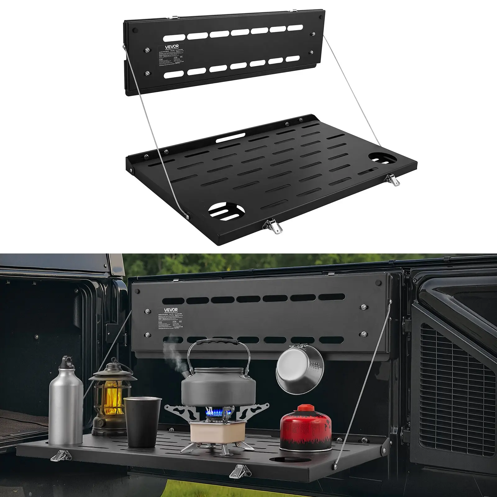 【Black Friday】VEVOR Foldable Tailgate Table for 2021-2026 Ford Bronco 4-Door Hardtops (Excludes Bronco Sport), Carbon Steel Drill-Free MOLLE Panel Drop-Down, Rear Door Cargo Storage Mounting Rack for Outdoor Work, Foldable Table