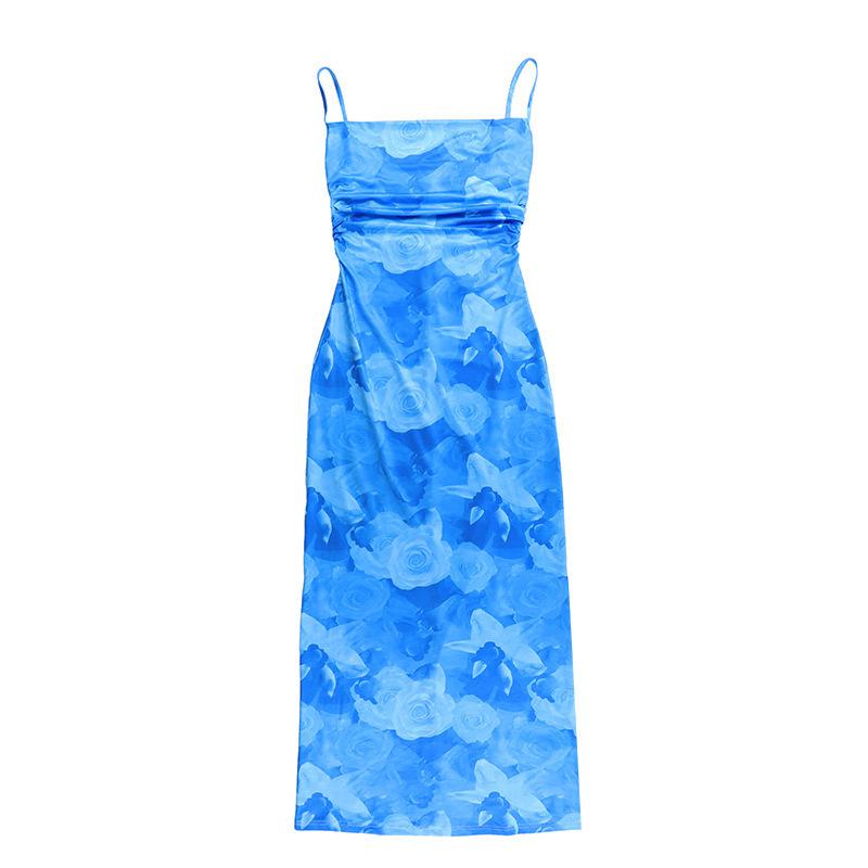 Rose Print Ruched Lace Up BacklessCami Dresses for Women, ElegantSleeveless Bodycon Capri Sun DressLong Dress for Summer, BirthdayDresses 2024, Fashion Women'sDress for Beach Holiday, Capri SunDress Valentine's Day, gift Casual Womenswear Blue Floral