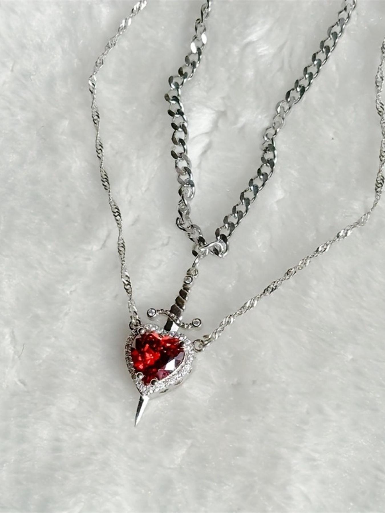 2pcs Heart and Sword Necklace Set, Love Heart Necklace, Unique Couple's Jewelry, Silver Color &, Perfect for Weddings & Parties, Includes Rose Box