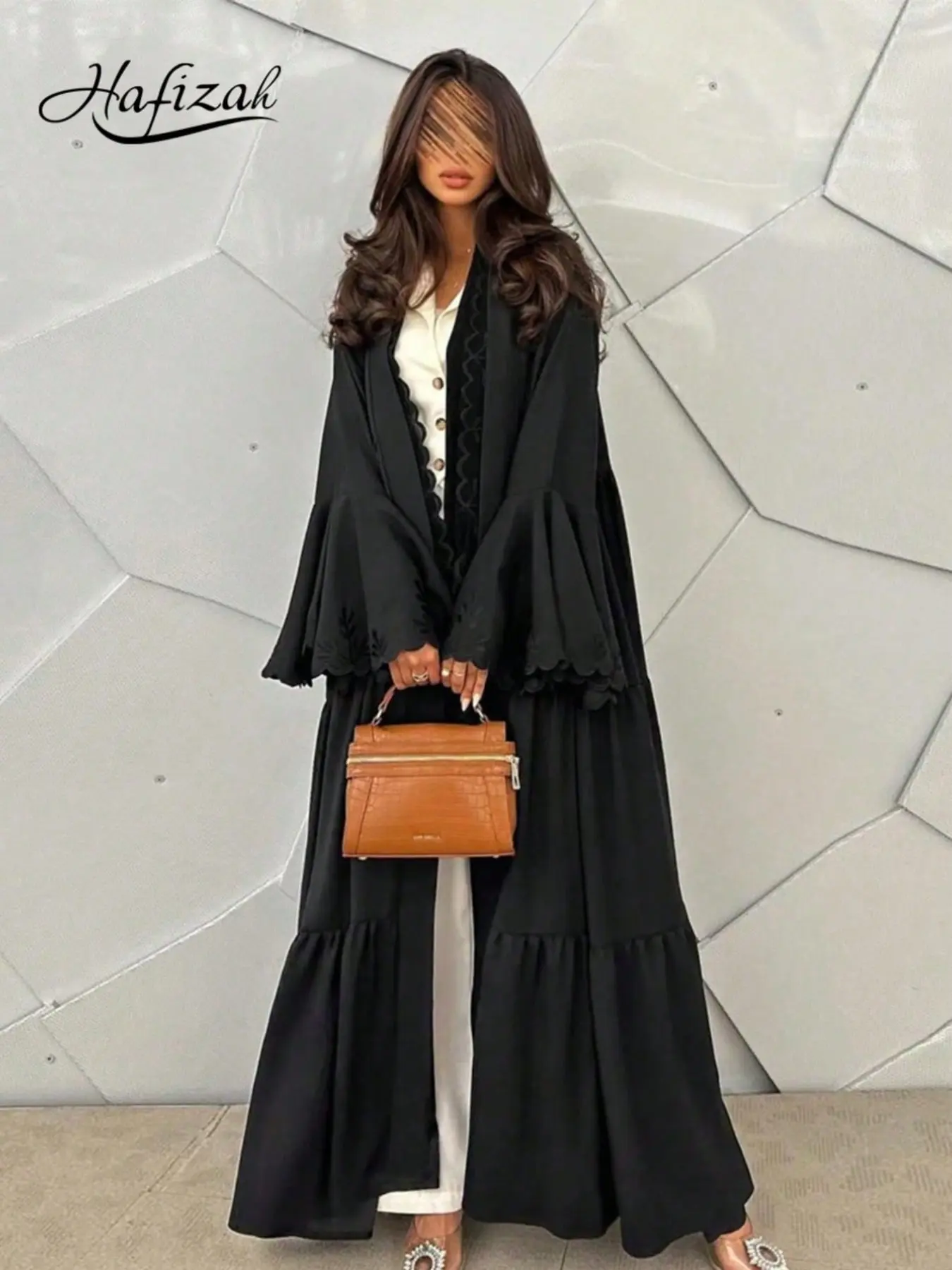 Wavy Embroidered Bell Sleeve Long Cardigan Set, Plain Color Flowy Casual Women's Outerwear, Two-Piece Ensemble for All Seasons Clothes