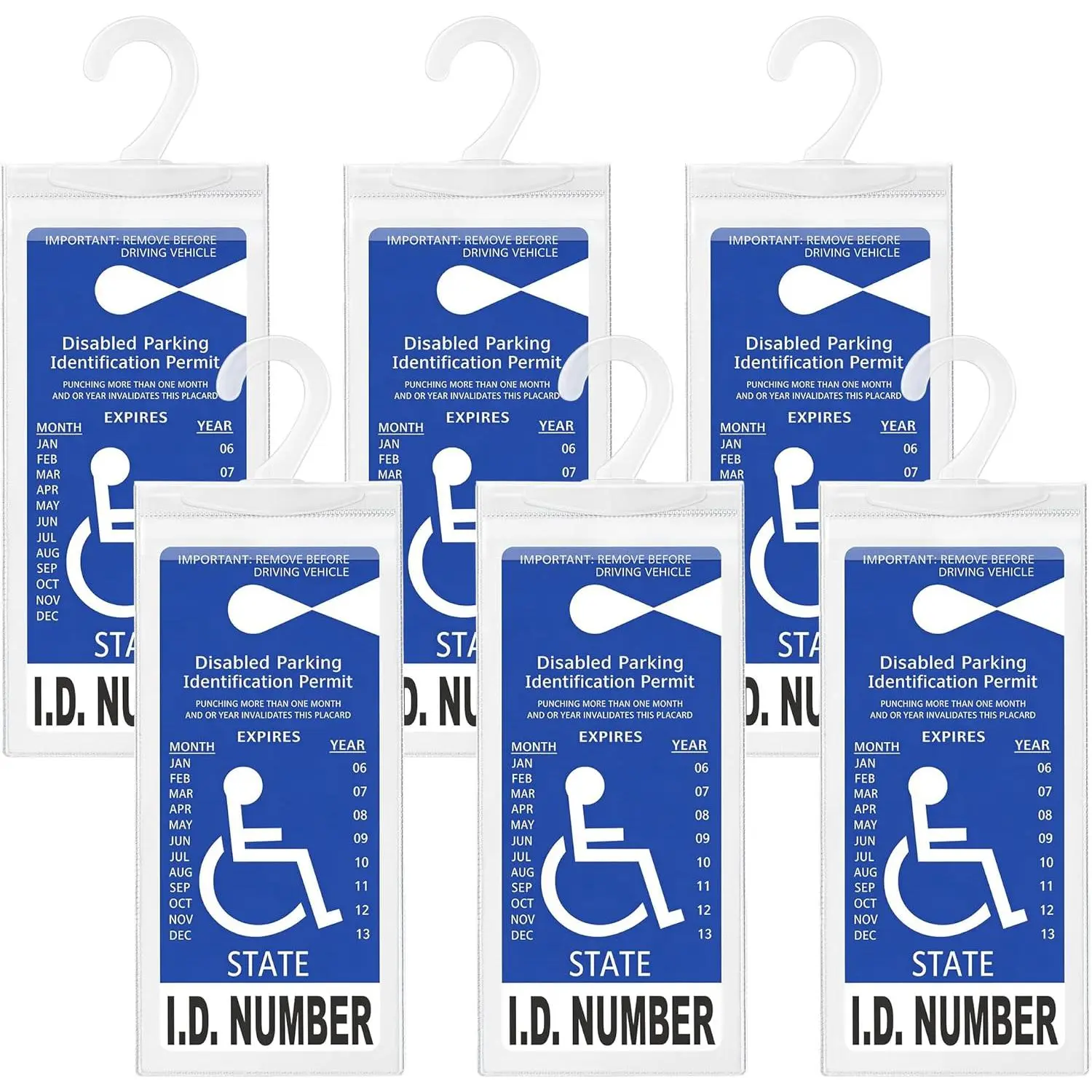 Handicap Placard Holder Set Pack of 6 Pieces, Ultra-Transparent Hard Plastic Disability Parking Permit Protective Cover with Large Hanger, Weatherproof Auto Parking Sign Sleeve, Six Pieces