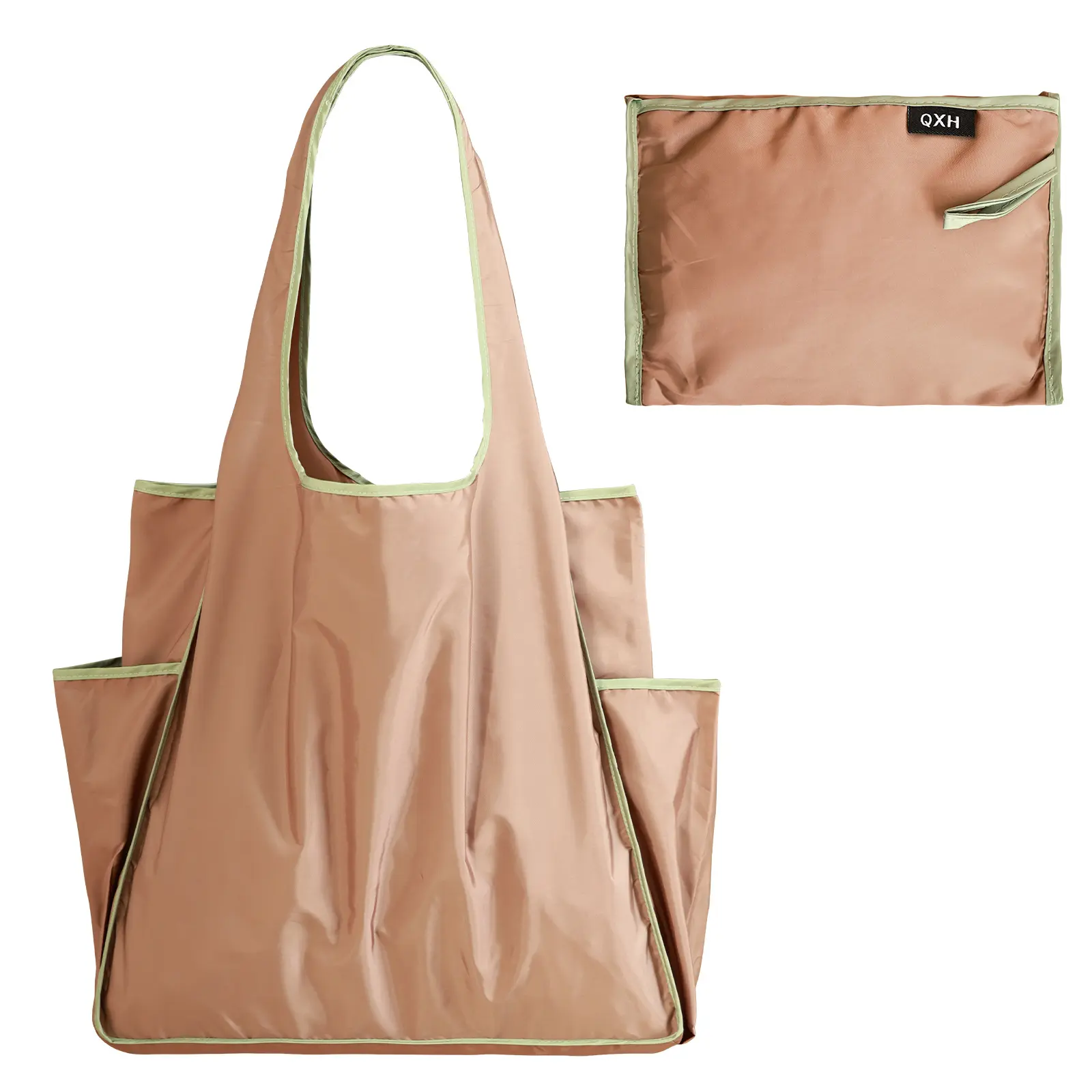 Foldable Reusable Color-Block Shopping Bag - Waterproof, Large Capacity with Cup Holder, Portable Single-Shoulder Strap, Travel-Ready Grocery & Daily Use, Lightweight Durable Storage Tote