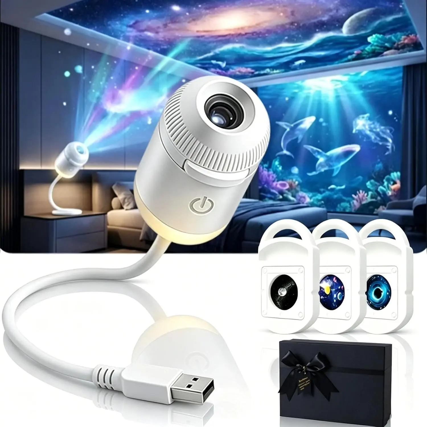 New Hd Smart Dynamic 5d Holographic Night Light Projector, Plug and Play Hd Star Projector, 360° Adjustable Hd Galaxy and Ocean Projector for Bedroom Ceiling
