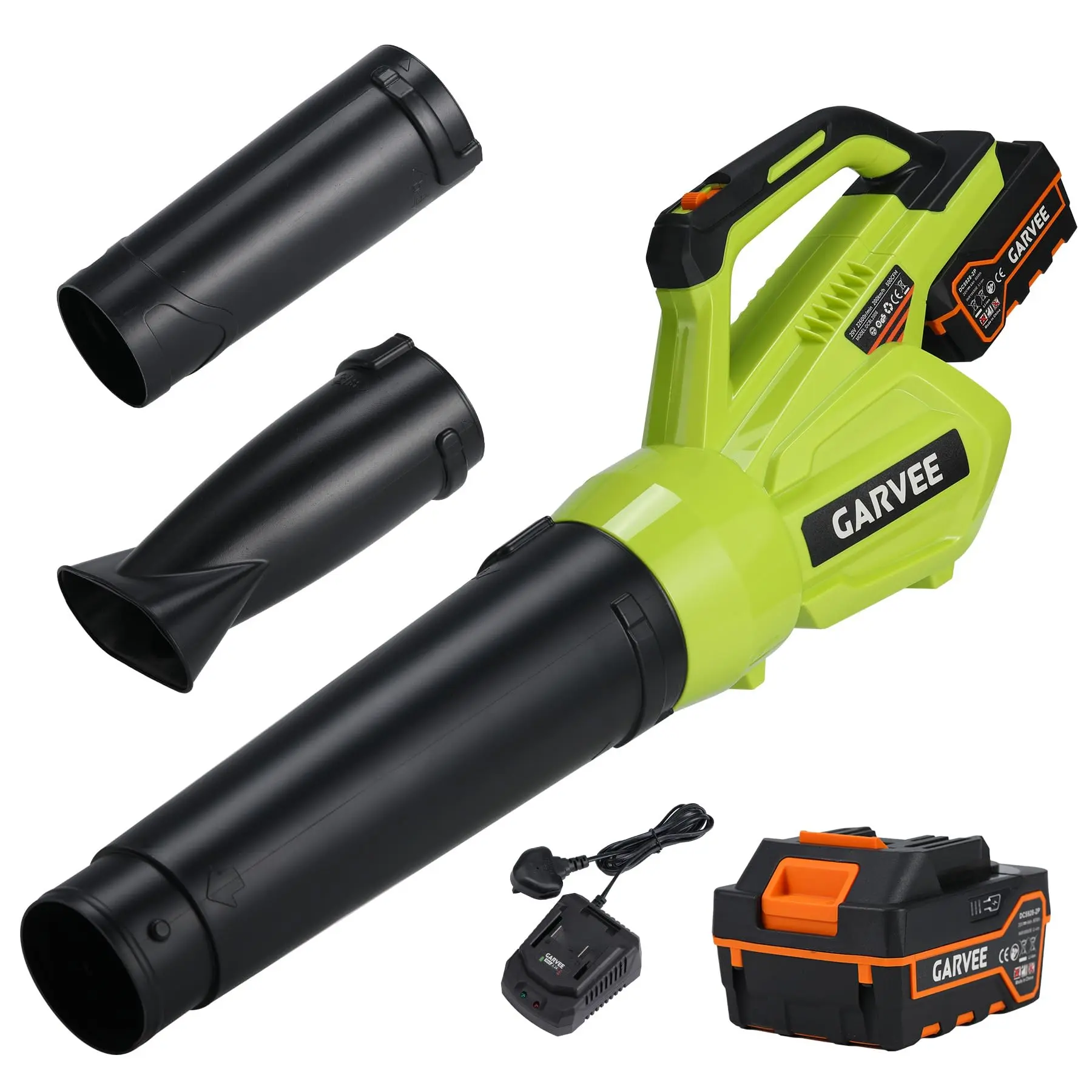 Garvee Upgraded 20V Cordless Leaf Blower with Cordless Grip, 400 CFM 90 MPH Low Noise Lightweight, 4.0Ah Battery, Long Runtime, Fast Charger, 3-Section Detachable Tubes for Leaves Removal, Yard Surfaces