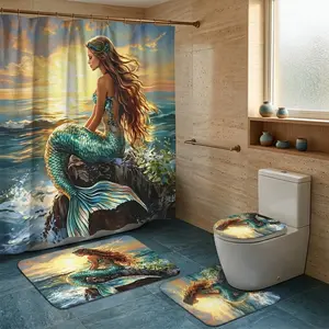 Mermaid-Themed Bathroom Set, 4pcs with Sunset Shower Curtain, Enchanting Mermaid Artwork, Coastal Luxe Décor, Dreamy Relaxation
