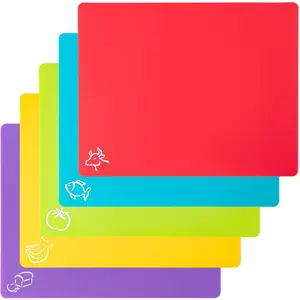5 Count Flexible Plastic Cutting Board Mats with Food Icons, BPA Free Cutting Boards for Kitchen, Non Slip Cutting Mat for Meat and Vegetables (Red, Bright Yellow, Light Green, Purple, Lake Blue)