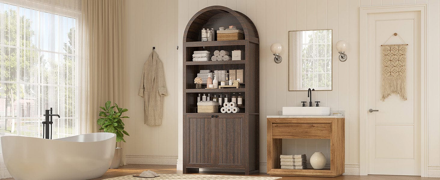 81 Inches Tall Arched 6-Tier Bookcase with Door Walnut 81 Inches Tall Arched 6-Tier Bookcase with Door Walnut