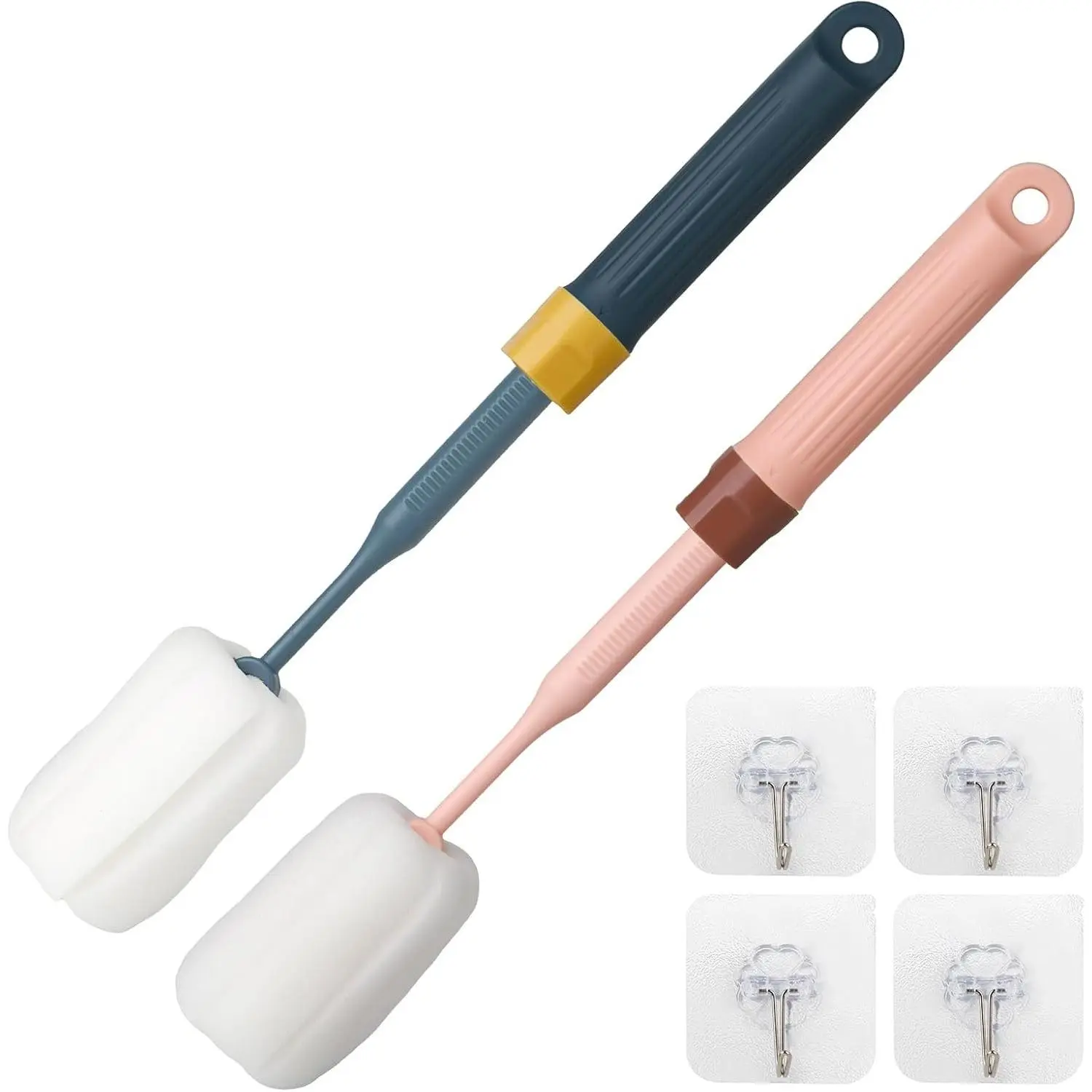 2-Pack Adjustable 12.9" Sponge Bottle Brushes Cleaning Set with High-Density Foam Heads, Hanging Design & 4 Traceless Hooks for Water Bottles(Gift)
