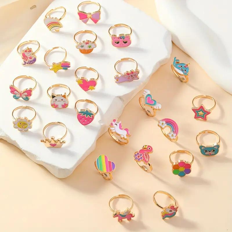 Heart Shaped Gift Box with Ring Set, Stackable Rings, 24pcs/set Cute Colorful Cartoon Design Ring, Party Gift for Girls