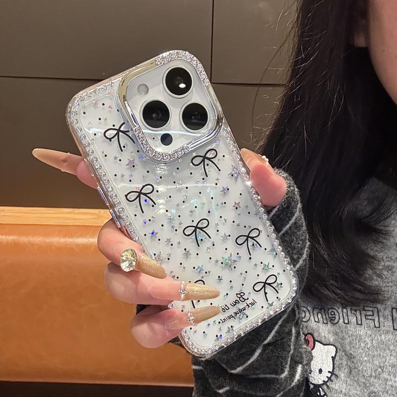 Polka Dot Bow Luxury Rhinestone Fashion Phone Case, Transparent Glitter Star Bumper Anti-Drop Case, Suitable for iPhone 17 Pro Max 17 Air 16 15 14 Plus 13 12 11 Protective Cover, Christmas Gift, New Year Gift, Easter Gift, Halloween Gift, for Friends