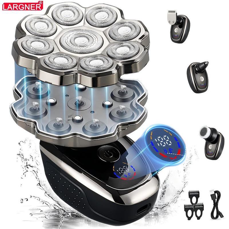 5 in 1 Electric Hair Trimmer Kit, 1 Set Waterproof Wet/Dry Grooming Shavers, Multifunctional Hair Shaver, Cordless Rechargeable Bald Head Rotary Razor for Home & Travel