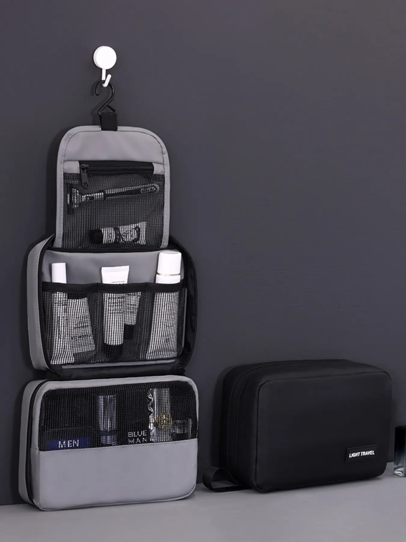 Travel Toiletry Bag with Hooks, Multi-Compartment Mesh Storage Bag, Portable Cosmetics Shaving Kit for Business Travel, Bathroom, Vacation