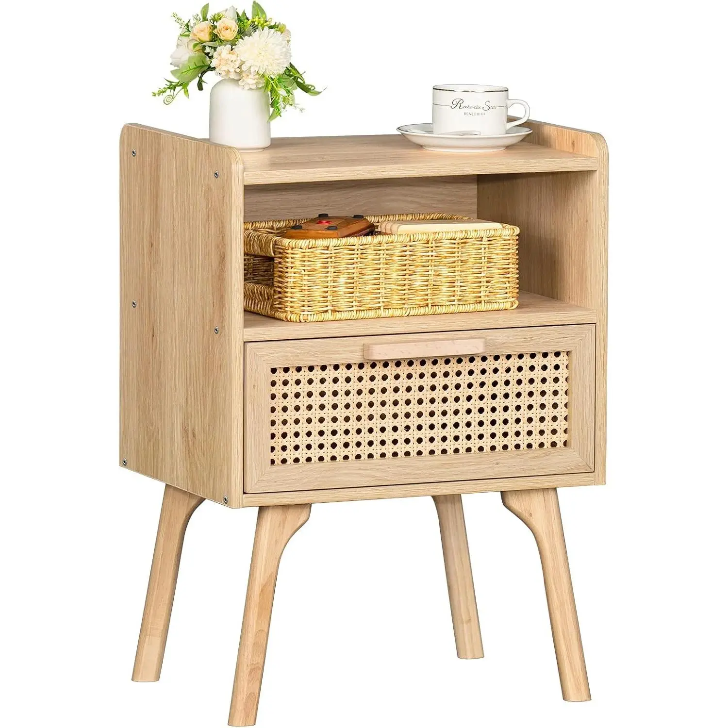 Natural Rattan Boho Nightstand - Single Unit Indoor Furniture with Drawer, Open Shelf, Cane Accent, Solid Wood Legs for Bedroom, Small Spaces, Rectangular