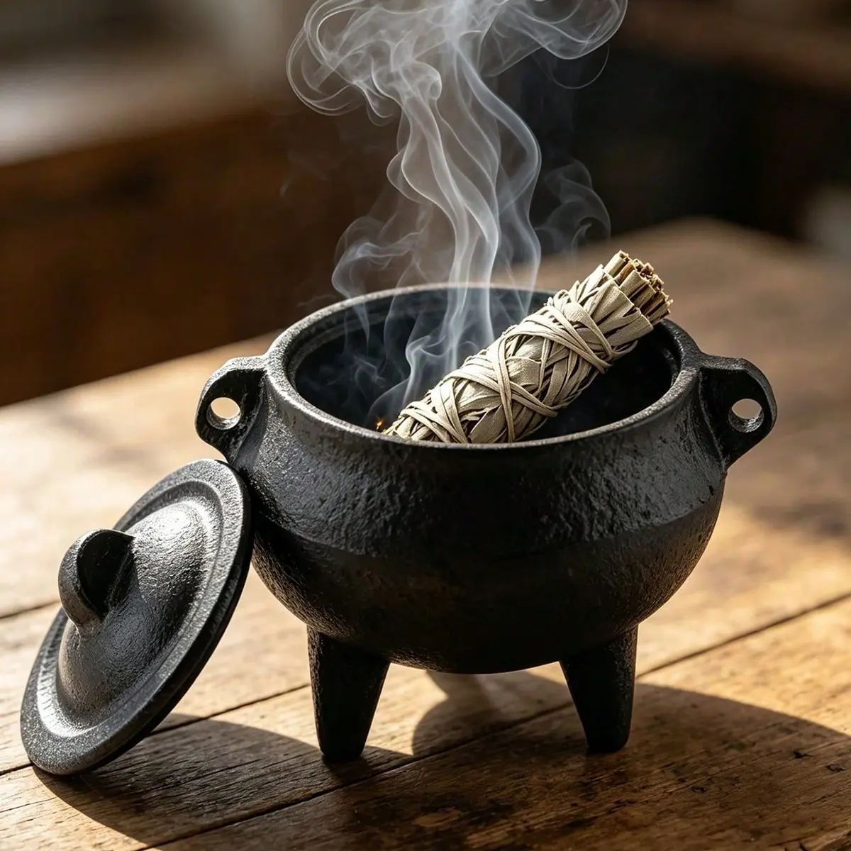 Cast Iron Incense Burner with Lid, Three-Legged Sage and Peruvian Copal Holder, Portable Meditation Purification Bowl, Vintage Desk Decor
