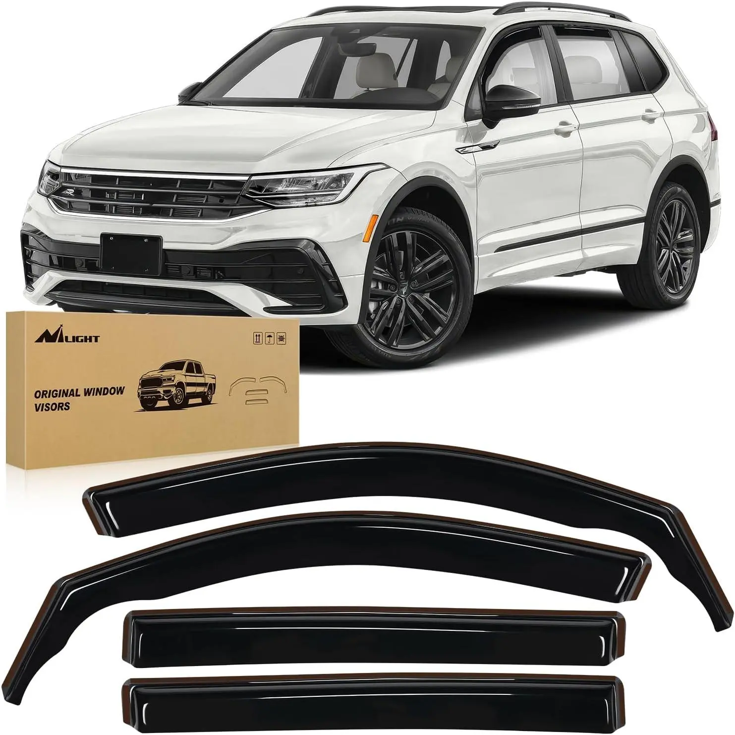 Nilight 4-Pcs Acrylic Rain Guards for Volkswagen Tiguan 2018-2024 5-Seater, All Weather Anti-Fog Tool-Free Original Fitment Recessed Ventilated Sun Visor, 74cm Chrome Trim Set with 12 Clips, 78in Double-Sided Tape, 1 Crowbar