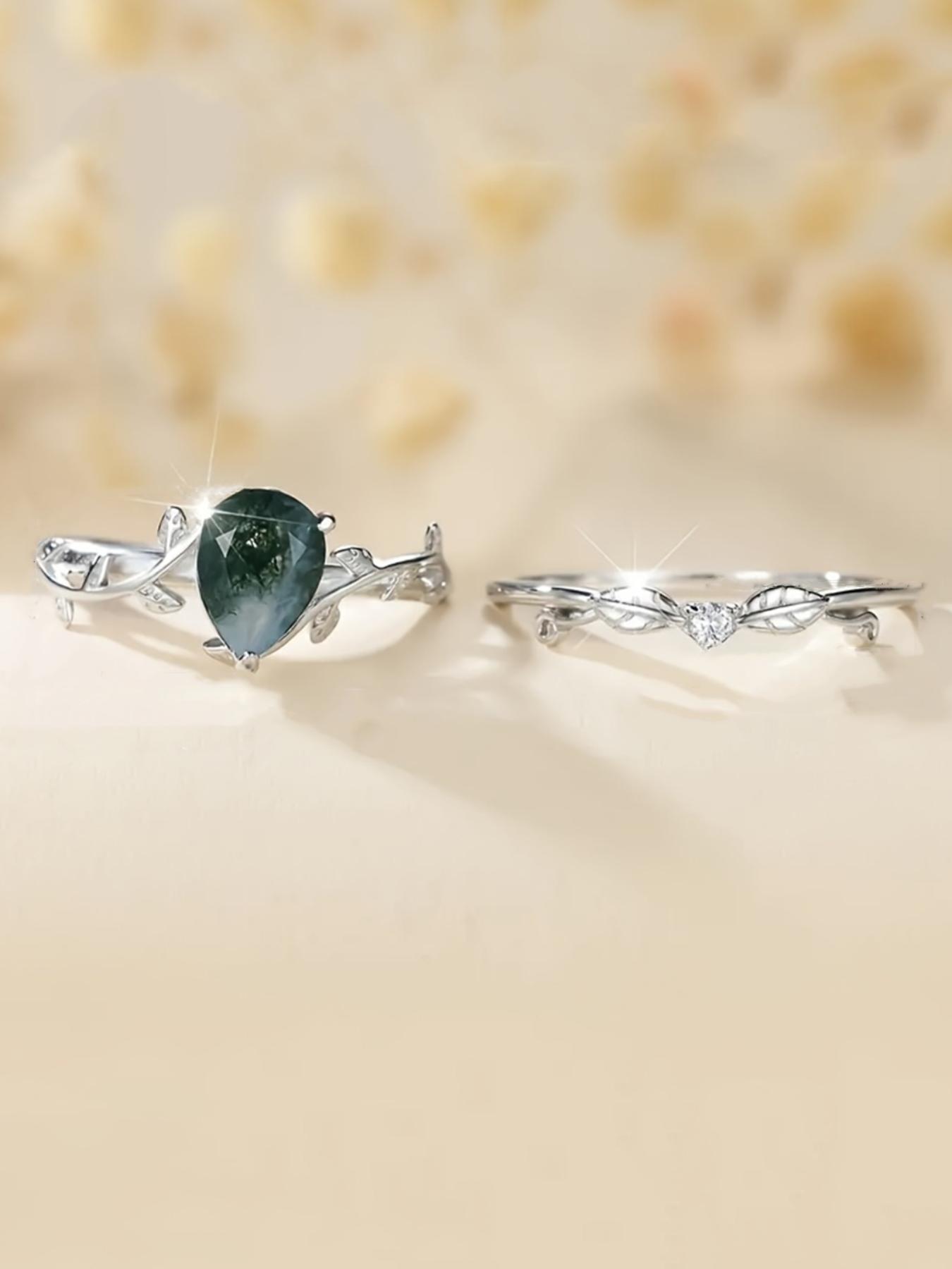 S925 Sterling Silver Natural Grass Agate Ring Set, with Box, Fashion Accessories for Women & Men, Statement Ring, Trendy All-match & Exquisite Jewelry for Birthday Gift, Bridal Engagement Ring, Wedding Engagement Ring