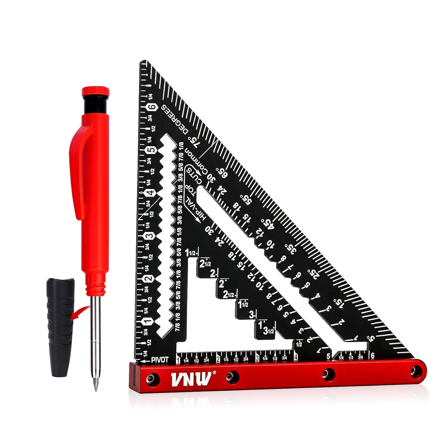 VNW 7inch Rafter Square with Carpenter Pencil, 1/8" Duty Aluminum Woodworking Rule,Ruler Measuring Layout Tool (Black, Rafter Square)