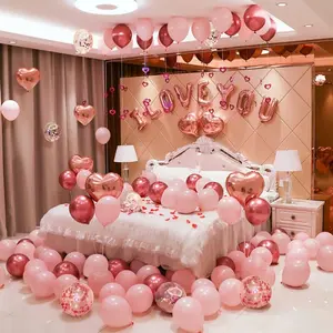 Day Balloons Kit, 101 Pack Rose Gold Pink Heart Balloons with Rose Petals, I Love You Balloons for Anniversary Mothers Day Wedding Romantic Decorations Special Night,VA-BA-01