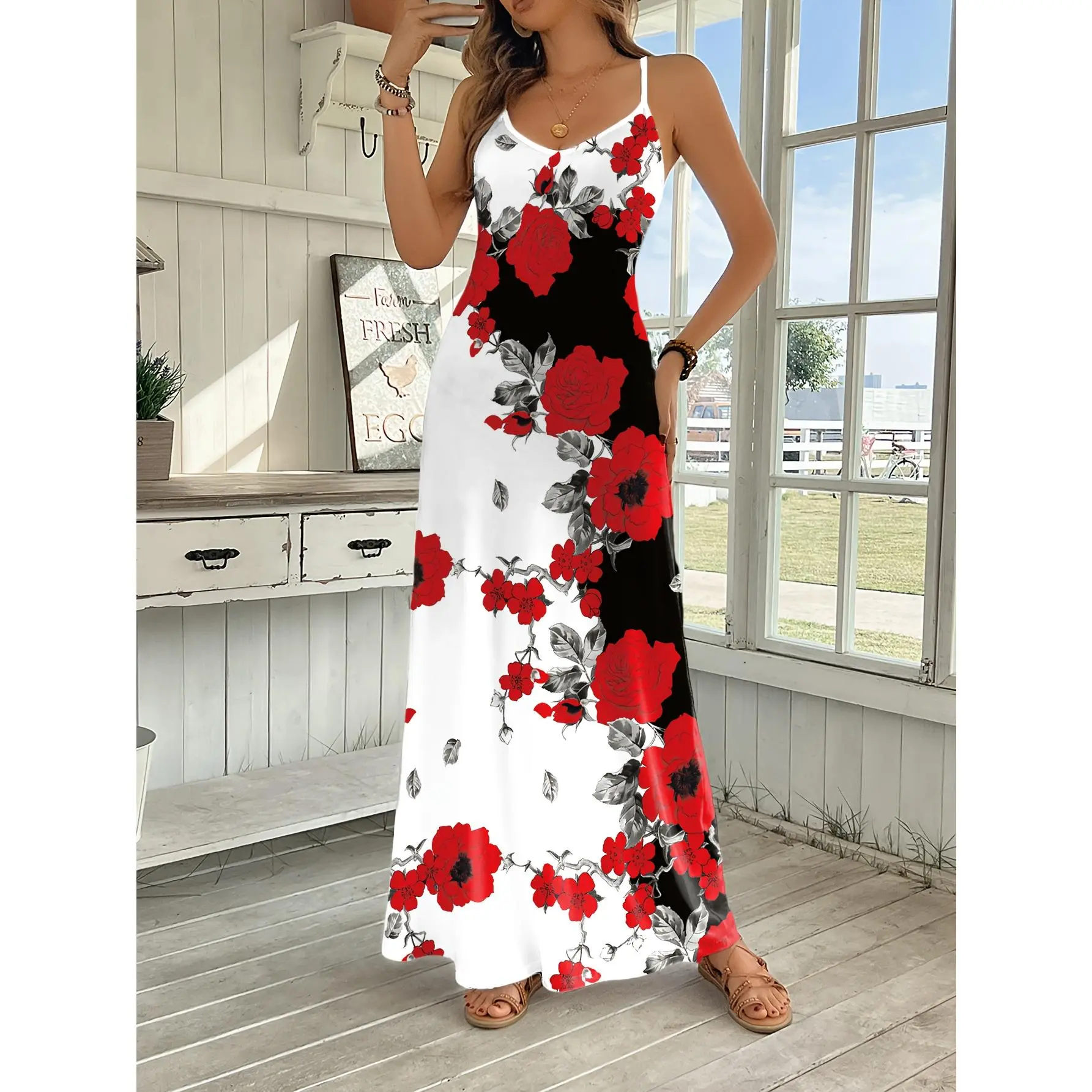 Vintage 1950s Women's Elegant Long Dress - Floral Print A-Line Swing Style, Suitable for Office, Work, Parties & Casual Occasions
