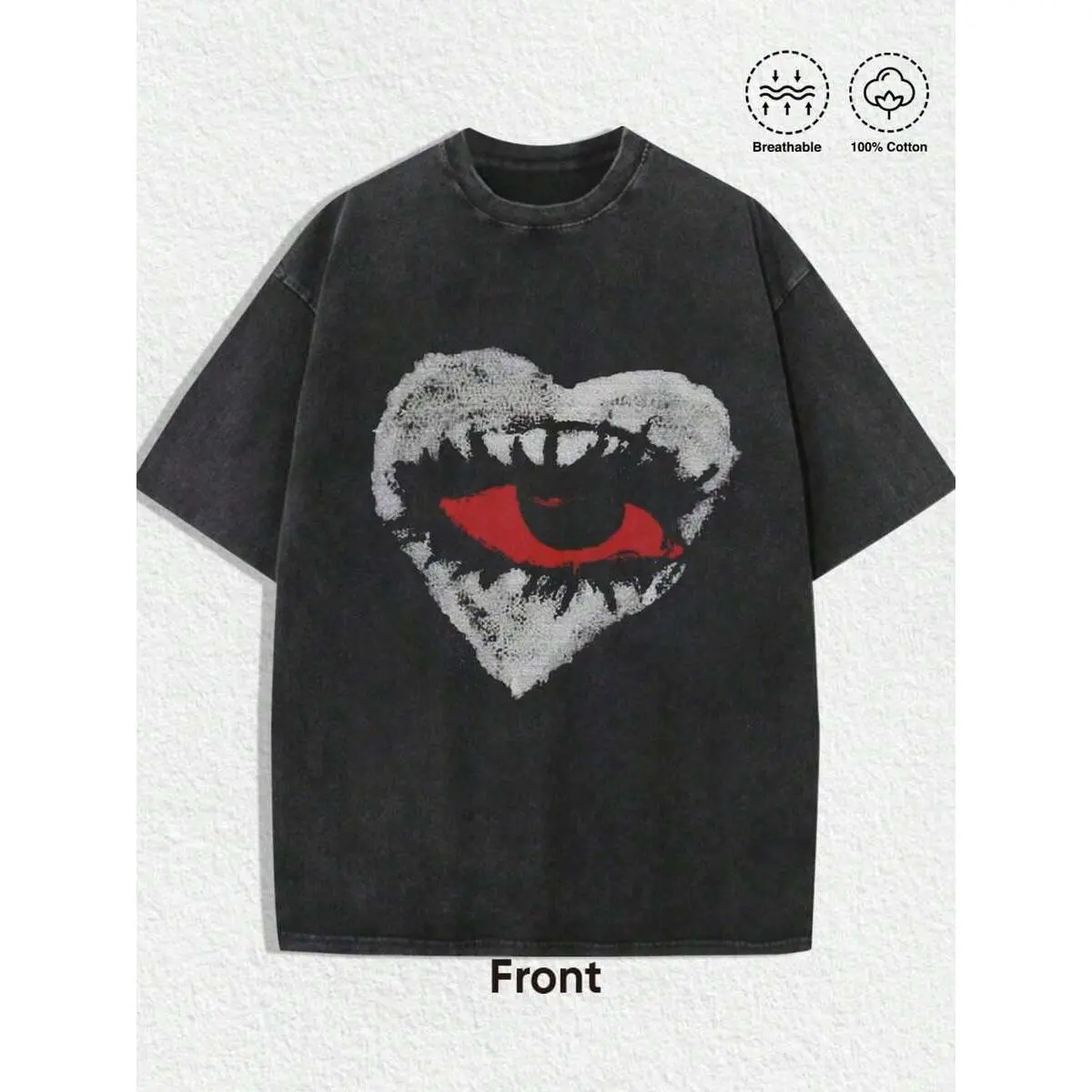 1 PCS% Cotton Vintage Washed Black Tee With Artistic Heart - Shaped Graphic Featuring Red Eye & Grunge Texture, Breathable Edgy Apparel Suitable F
