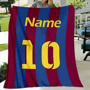 Custom Name Barca Blaugrana Stripe Number 10 Football Fleece Throw Blanket, Personalized Sports Soft Blanket for Sofa Bed Nap Travel Camping Car, Soccer Fan Custom Gift For Messi Supporters