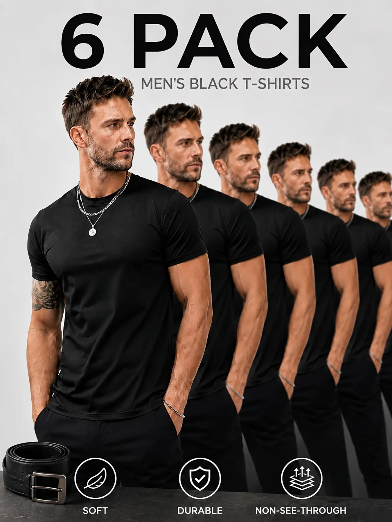 6-Pack Men's Plain Round Neck Casual T-Shirts, Soft Breathable Short Sleeve, Lightweight Quick-Dry Fabric, Ideal for Daily Wear, Travel, Outdoor Activities