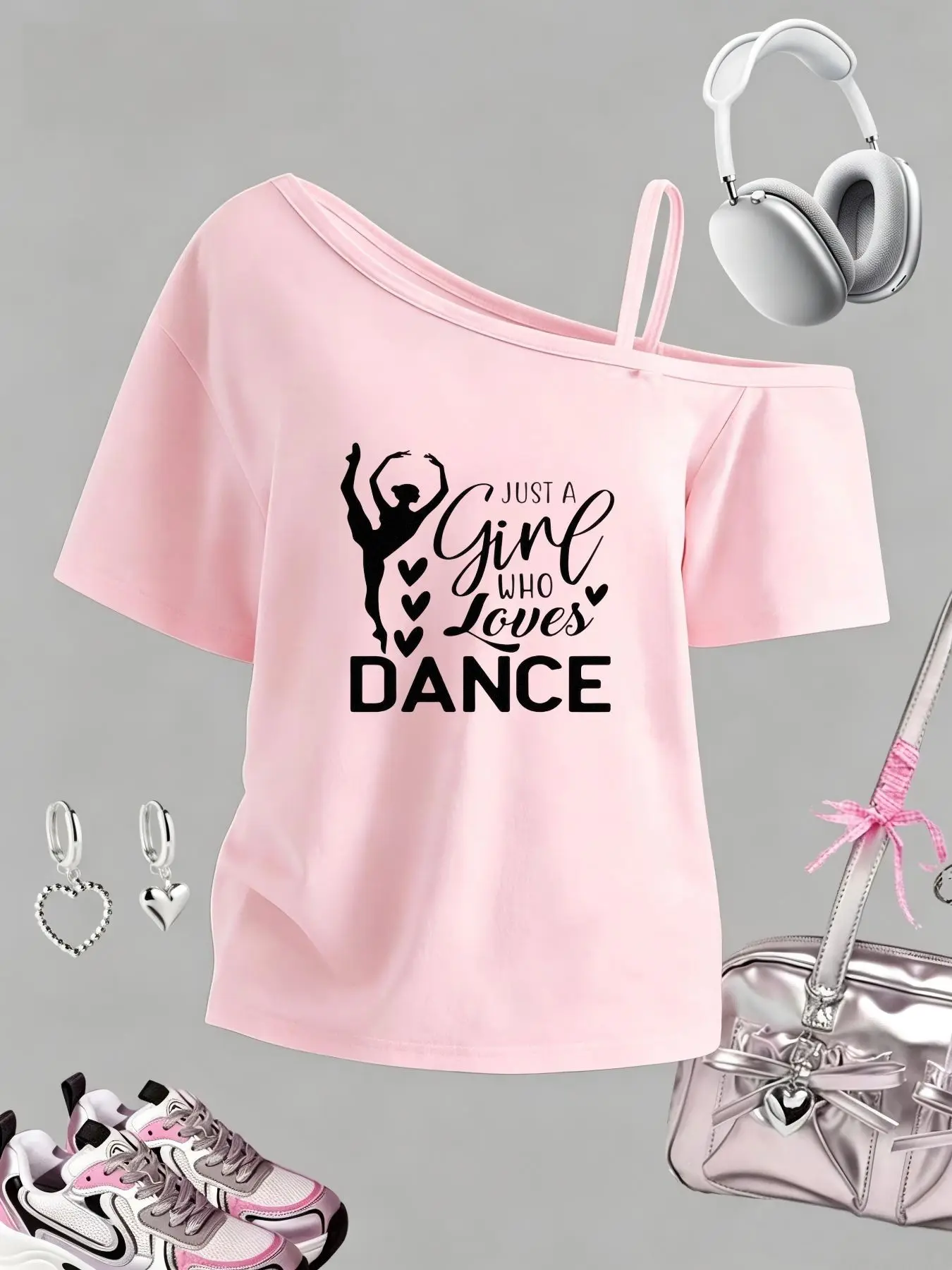 Dance Girl Y2K Style One-Shoulder Tank Top, Casual Slim Fit Short Sleeve Tee, Fashionable Random Print, Perfect Gift for Girls