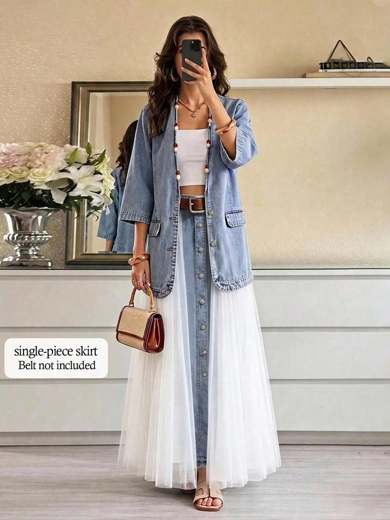 Women's Mesh Patchwork Button Decor Skirt, Versatile Date Night Casual Denim Mini Skirt, Knee Length Fitted Solid Pattern