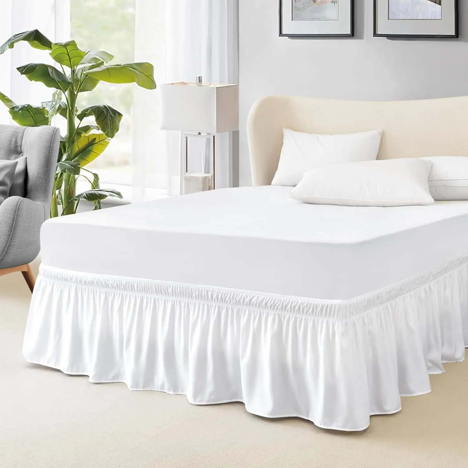Queen Bed Skirt, Elastic Wrap Around Bed Skirt Queen Size, Bed Skirts for Bed, with 1 Tailored Drop, Hotel Quality Dust Ruffle for Queen Bed (White)