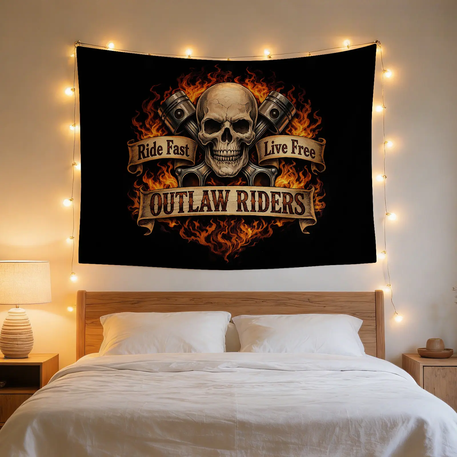 Skull-Pistons-Flames-Outlaw Riders Print Tapestry, Nature-Inspired Home Decor, Holiday Gift, Party Backdrop Wall Art