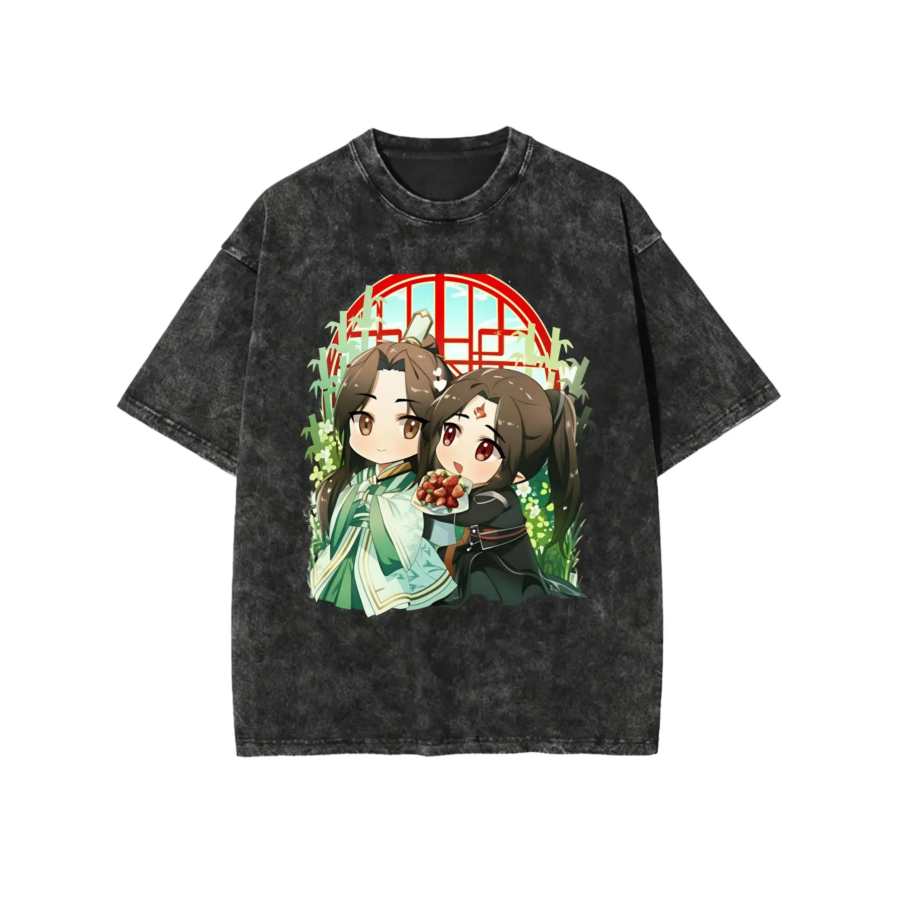 Men's Baggy Mineral Wash T-Shirt with TGCF Xie Lian & Hua Cheng Graphic, Soft Distressed Shortsleeve Fashion Tee