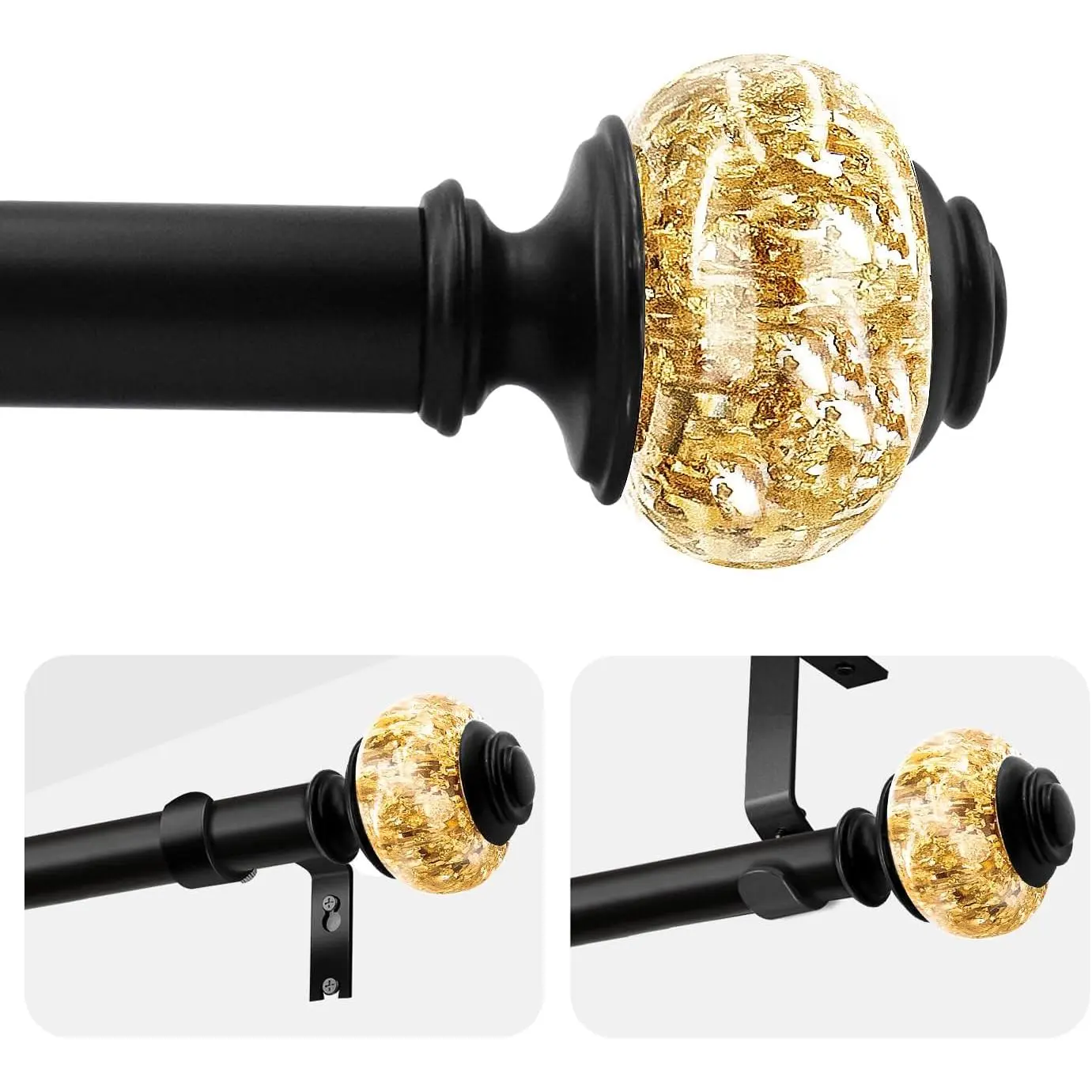 Curtain Rods for Windows,1 Inch Adjustable Window Curtain Rod, Curtain Rod Set with Luxury  Translucent Finials for Bedroom, Living Room (Black , 28-52 in)