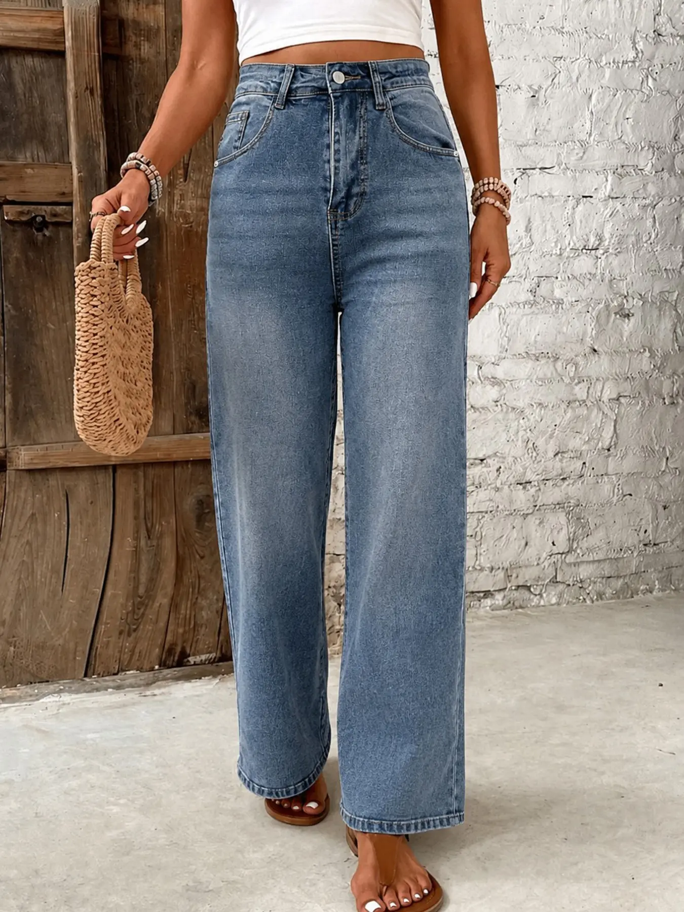 Rural Style Elastic Denim Jean Wide-Leg Baggy Trousers, Fashionable Casual High Waist Ankle-Length Pants, All-Season Loose Fit for Daily Wear