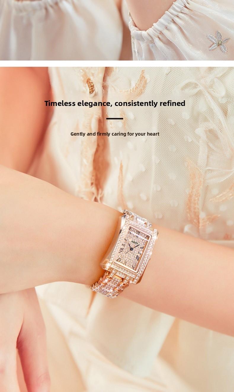 Women's Luxury Rose Gold Rectangle Quartz Watch - Fully Iced Out Diamond Encrusted Wristwatch with Roman Numerals, Stainless Steel Band, Elegant Dress Watch, Perfect Gift for Her