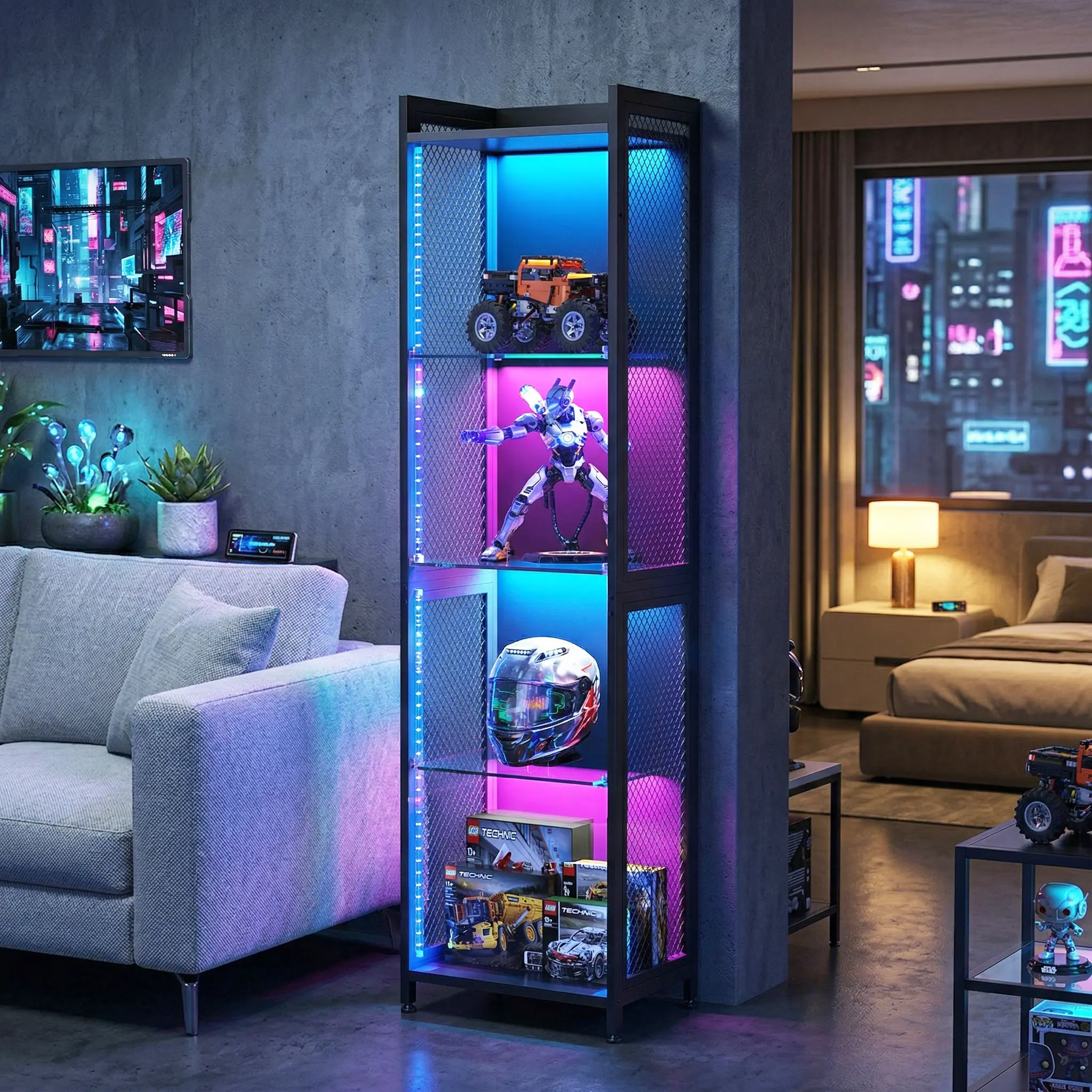 AODK Tall Display Case with LED Lights, Corner Display Cabinet with Open Glass Shelves & Mesh Sides,Curio Shelf for Collectibles
