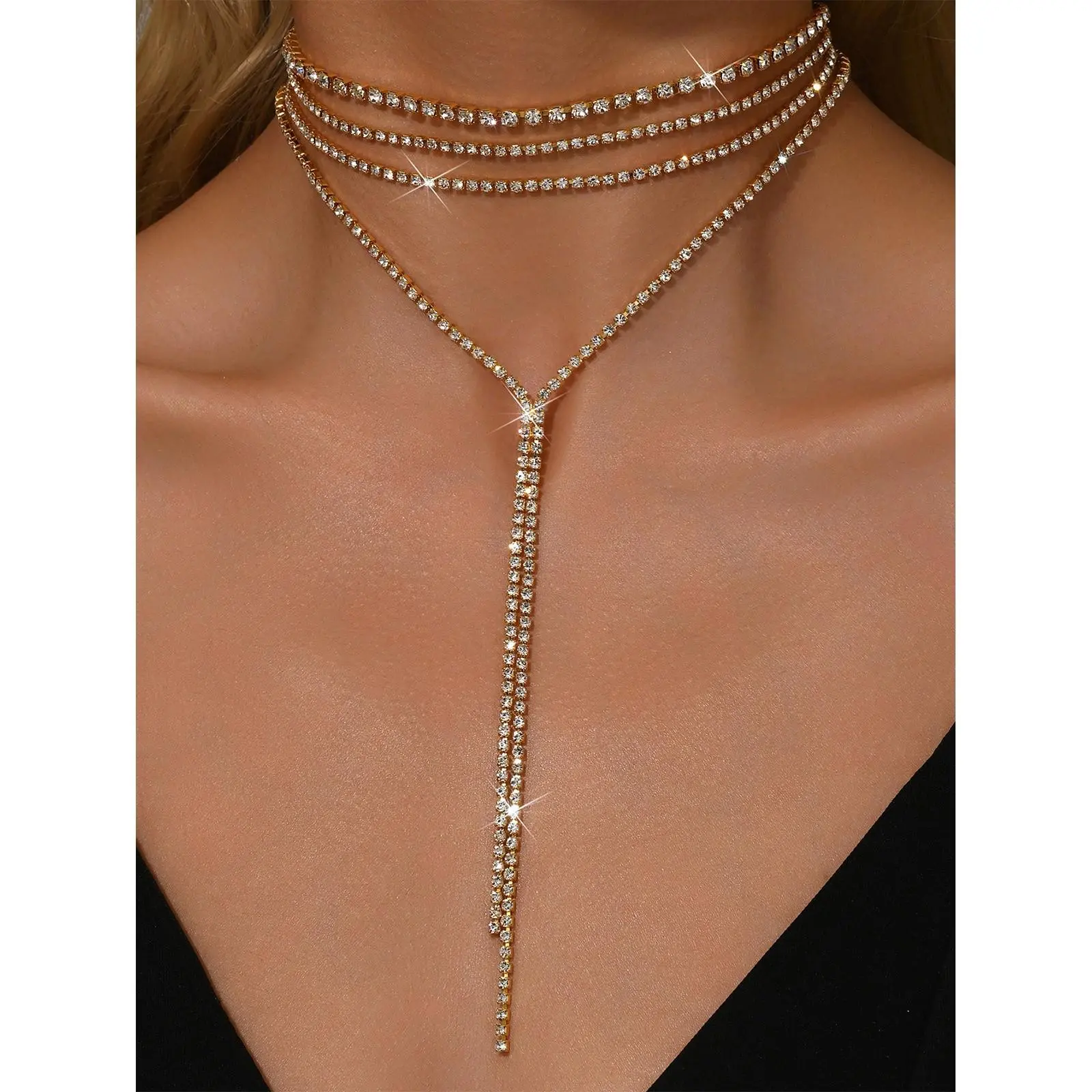 Women's Silver Adjustable Elegant Alloy & Rhinestone Bling Tennis Chain Choker - Tassel Y Lariat Necklace, 8.46"(21.5cm)-13.5"(34.5cm), 0.12"(0.3cm) Thin Chain, 0.94"(24mm), Stainless Steel Included, Valentine Wedding Party Dress Jewelry