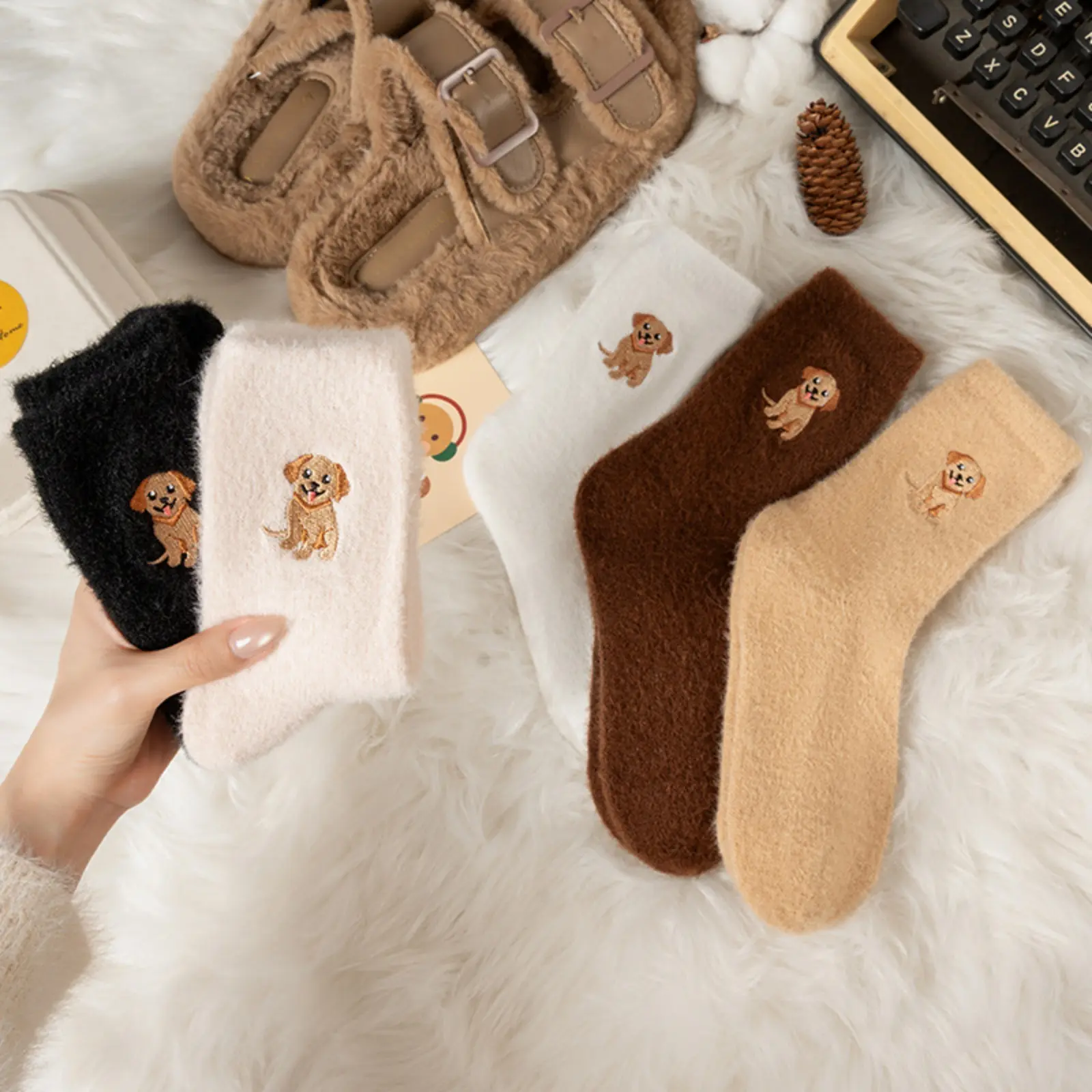 Women's Winter Crew Socks, Thick Plush Faux Mink Socks with Cute Embroidered Cow Design, Warm Cozy Floor Socks for Home, Bedroom, Lounging and Cold Weather